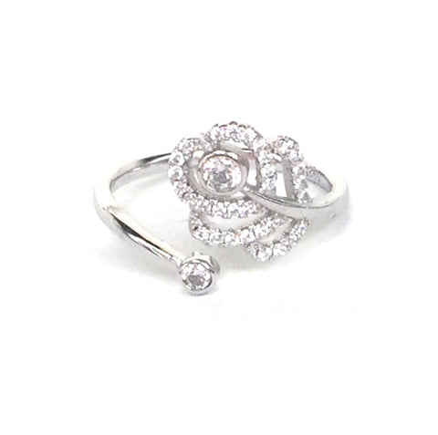 ROSE FLOWER AND MINI STONE PAVE CZ STERLING SILVER RING